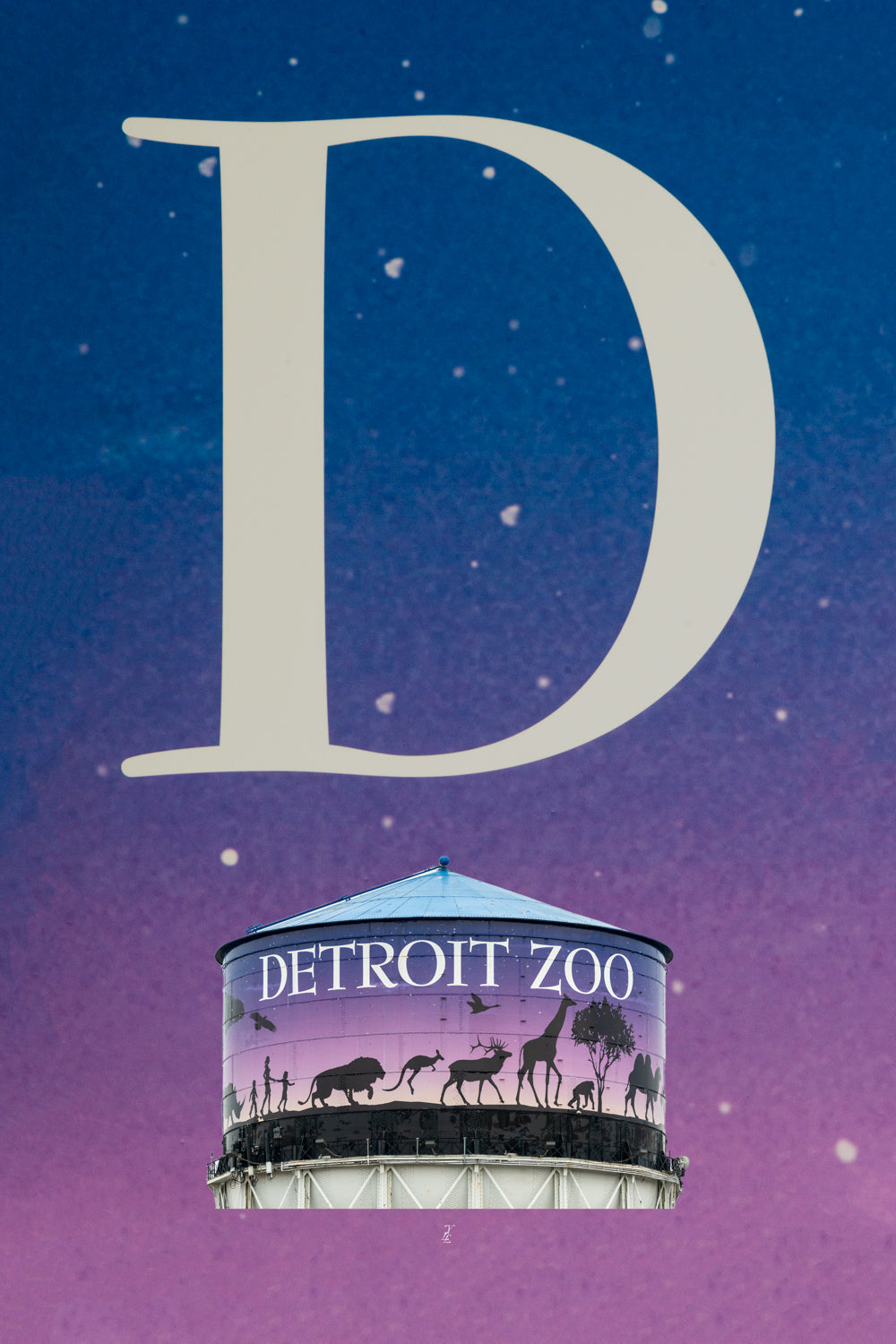 Your Life Letters (YLL) are unique photo letter art from Royal Oak, Michigan that answers the question, "where was this taken?". This letter is the D from the Detroit Zoo Water Tower. Each YLL from A to Z is taken at a location that has memory for the customer and is shown in the upper two thirds of the photo. The sign the letter was taken from is represented in the lower one third of the photo.