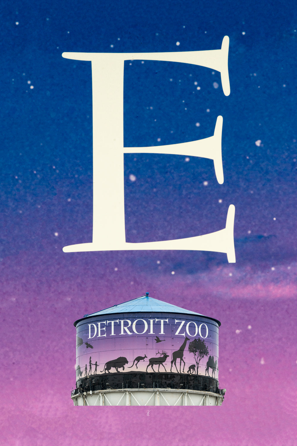Your Life Letters (YLL) are unique photo letter art from Royal Oak, Michigan that answers the question, "where was this taken?". This letter is the E from the Detroit Zoo Water Tower. Each YLL from A to Z is taken at a location that has memory for the customer and is shown in the upper two thirds of the photo. The sign the letter was taken from is represented in the lower one third of the photo.